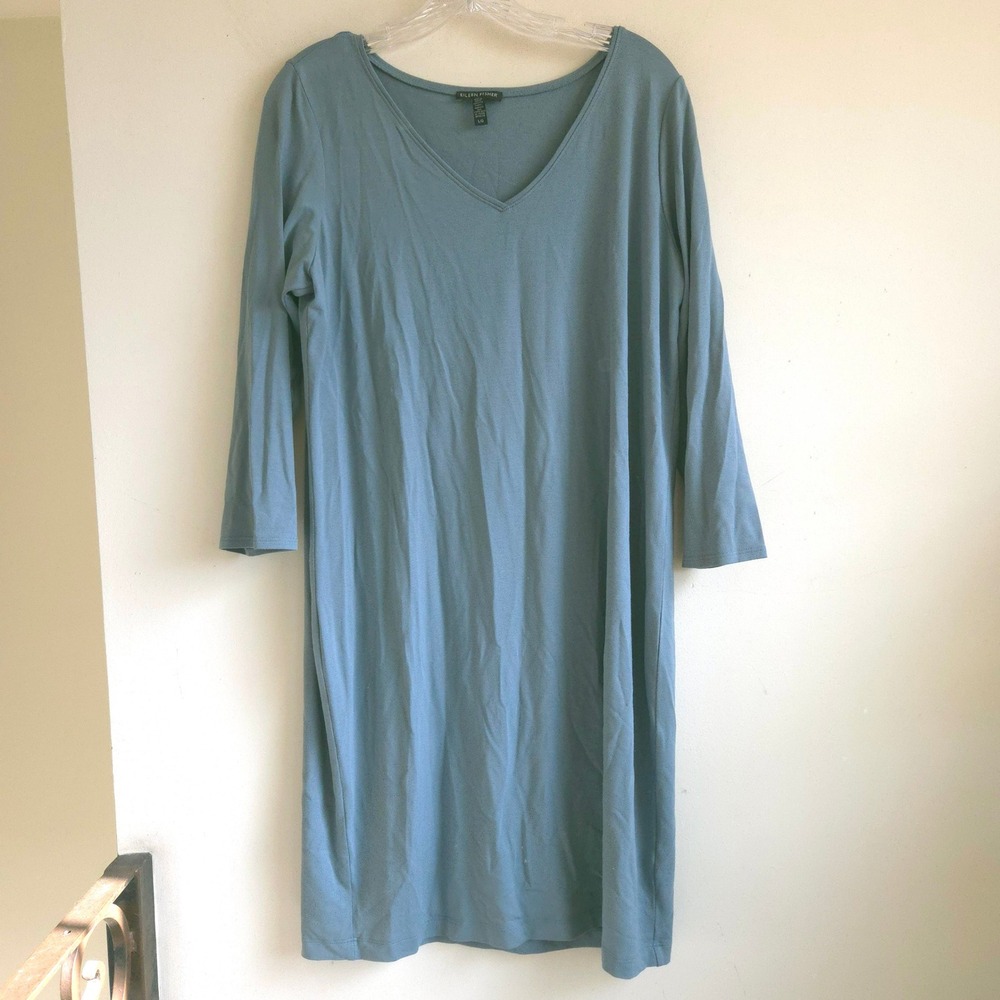 Eileen Fisher Size Large Green Viscose Jersey Crew Neck 3/4 Sleeve Stretch Dress